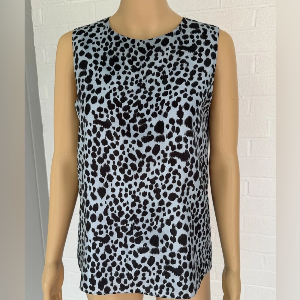 New Theory Silk Leopard Print Slate Blue Sleeveless Blouse Size S New With Tags